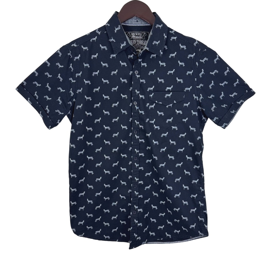 Navy Blue Zebra Print Short Sleeve Button Down Shirt Safari Zoo Eclectic Grandpa